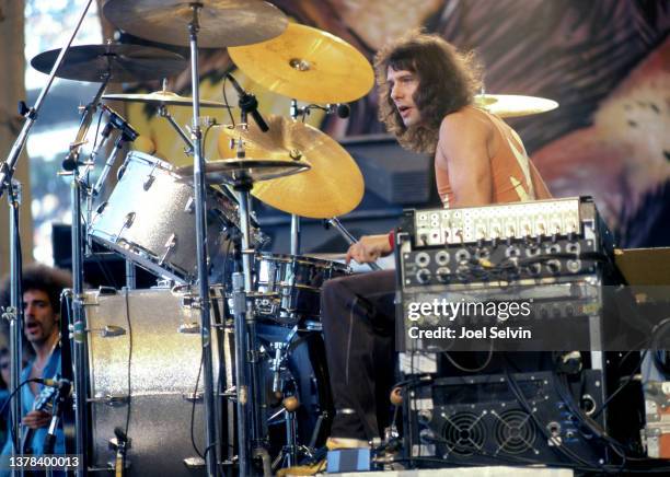 English drummer Aynsley Dunbar, of the American rock band Journey, performs at Day on the Green, during the 1978 Infinity Tour on September 2, 1978...