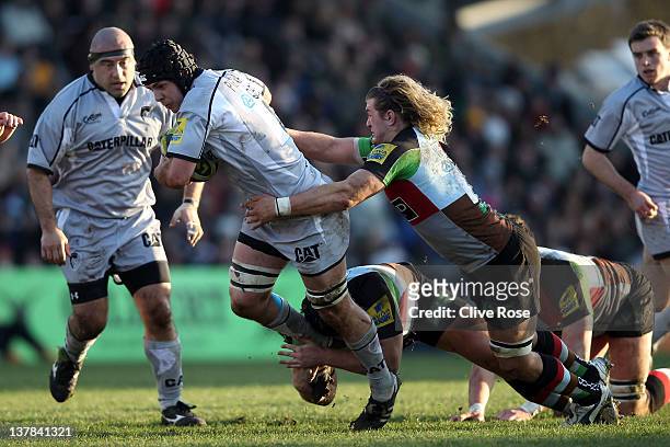 Ben Pienaar of Leicester Tigers in action during the LV= Cup match between Harlequins and Leicester Tigers at Twickenham Stoop on January 28, 2012 in...