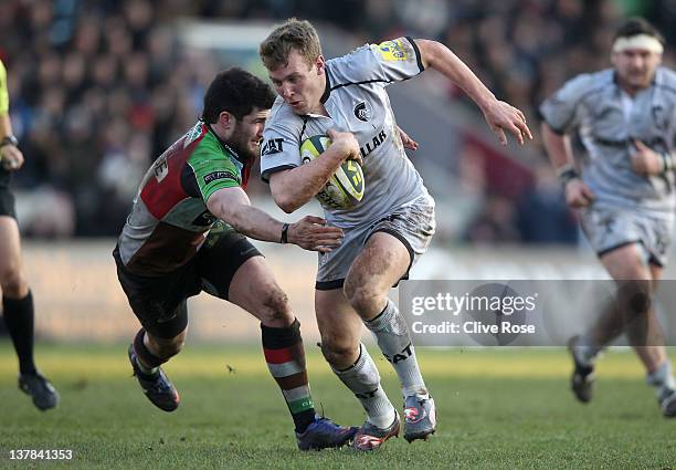 Sam Harrison of Leicester Tigers in action during the LV= Cup match between Harlequins and Leicester Tigers at Twickenham Stoop on January 28, 2012...