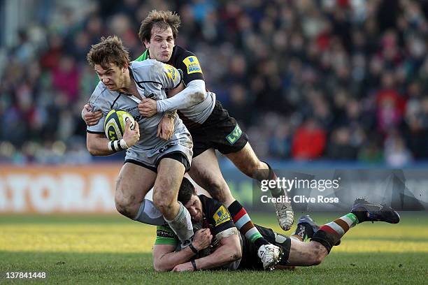 Alex Lewington of Leicester Tigers in action during the LV= Cup match between Harlequins and Leicester Tigers at Twickenham Stoop on January 28, 2012...