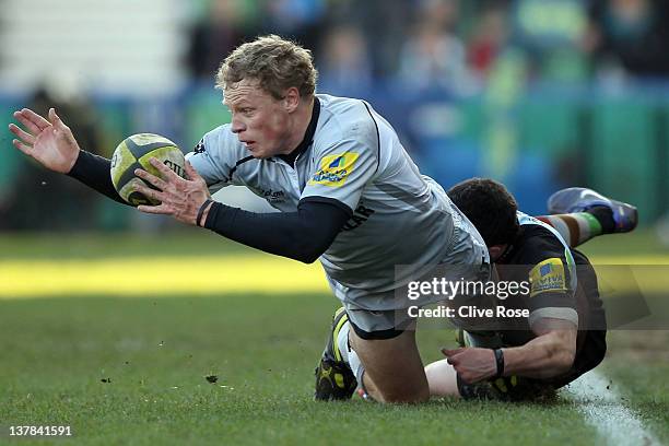 Scott Hamilton of Leicester Tigers is tackled during the LV= Cup match between Harlequins and Leicester Tigers at Twickenham Stoop on January 28,...