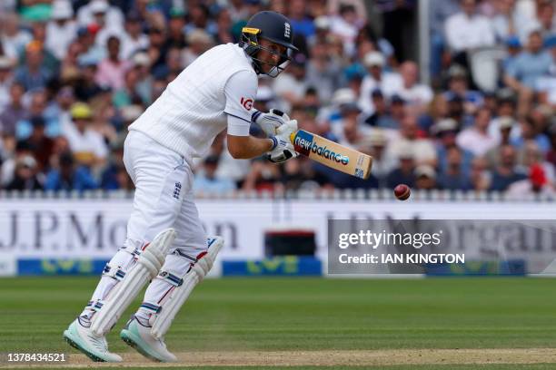 England's Joe Root plays a shot on day four of the second Ashes cricket Test match between England and Australia at Lord's cricket ground in London...