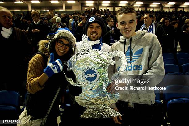 Fans enjoy the atmosphere during the FA Cup fourth round match between Brighton and Hove Albion and Newcastle United at Amex Stadium on January 28,...