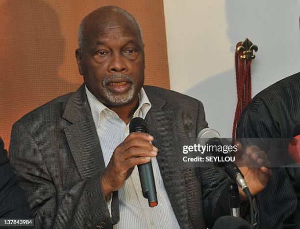 Amath Dansokho, one of the leaders of the opposition "Mouvement du 23 Juin" , speaks during a press conference, after a meeting by several of the...