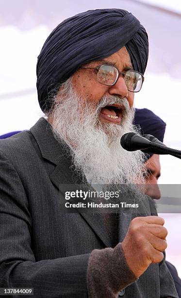 Punjab Chief Minister Parkash Singh Badal addressing an election rally on January 28, 2012 in Lambi, India. Today was the last day of election...