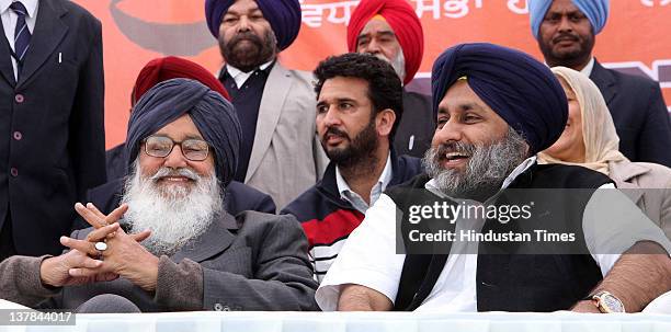 Punjab CM Parkash Singh Badal and deputy CM Sukhbir Singh during election rally on January 28, 2012 in Lambi, India. Today was the last day of...