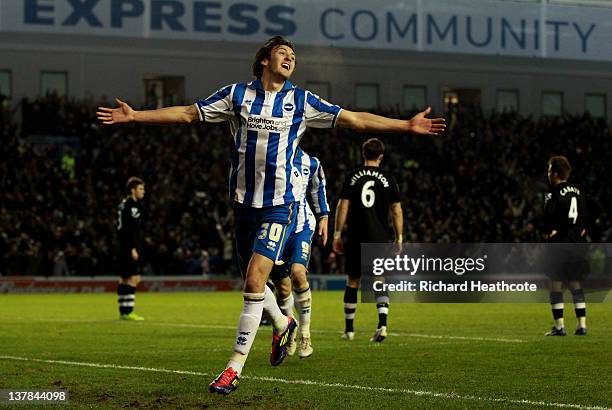 Will Buckley of Brighton celebrates after scoring the opening goal during the FA Cup fourth round match between Brighton and Hove Albion and...