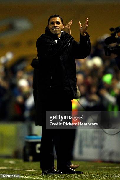 Gus Poyet the Brighton manager celebrates following his team's 1-0 victory during the FA Cup fourth round match between Brighton and Hove Albion and...