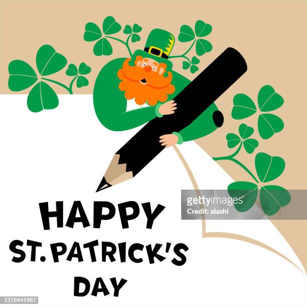 the mysterious leprechaun on top of a paper (behind the curled corner of the paper) and writing "happy st. patrick's day" with a big pencil - building storey stock illustrations