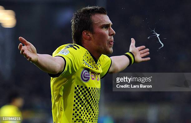 Kevin Grosskreutz of Dortmund celebrates after scoring an offside goal during the Bundesliga match between Borussia Dortmund and 1899 Hoffenheim at...