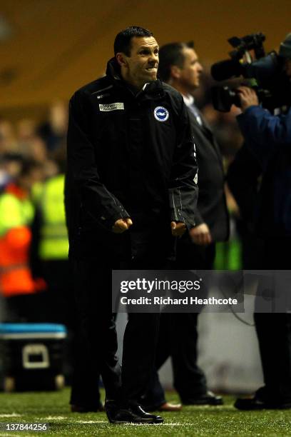 Gus Poyet the Brighton manager celebrates following his team's 1-0 victory during the FA Cup fourth round match between Brighton and Hove Albion and...