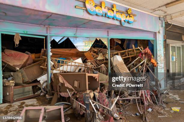 the worst floods in history have devastated the northern rivers city of lismore. wrecked shop in keen st. - new south wales floods stock pictures, royalty-free photos & images