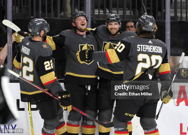 Michael Amadio, Jack Eichel, Shea Theodore and Chandler Stephenson of the Vegas Golden Knights celebrate Eichel's second-period goal against the...