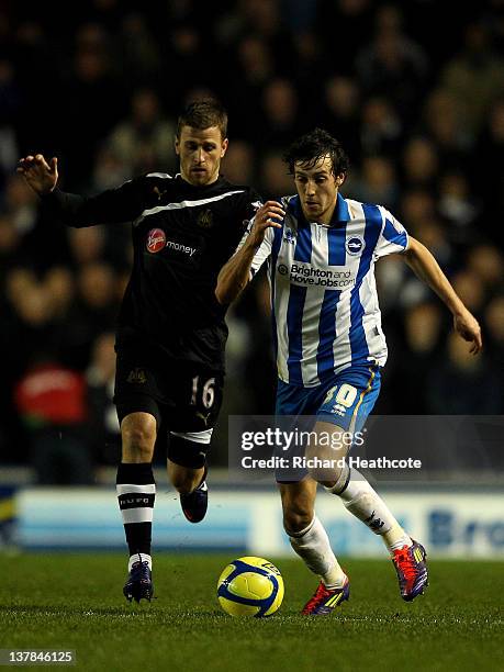 Will Buckley of Brighton is challenged Ryan Taylor of Newcastle during the FA Cup fourth round match between Brighton and Hove Albion and Newcastle...