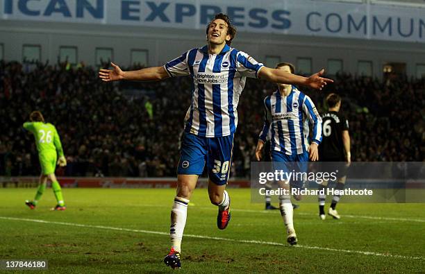 Will Buckley of Brighton celebrates after scoring the opening goal during the FA Cup fourth round match between Brighton and Hove Albion and...