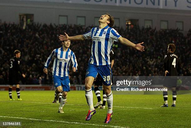 Will Buckley of Brighton celebrates after scoring the opening goal during the FA Cup fourth round match between Brighton and Hove Albion and...