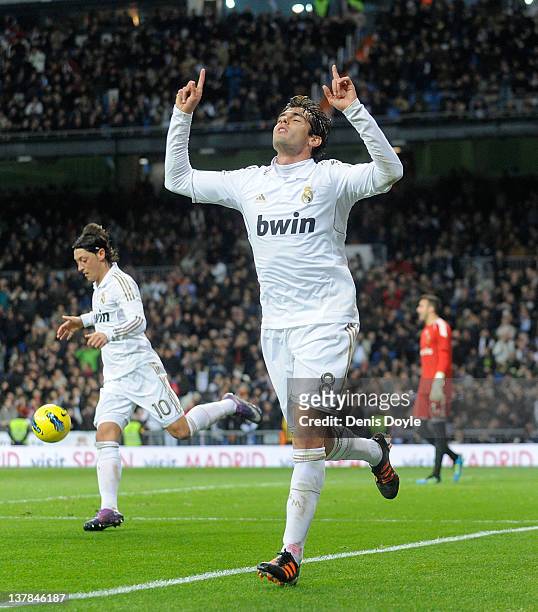 Kaka of Real Madrid celebrates after scoring Real's opening goal during the La Liga match between Real Madrid and Real Zaragoza at Estadio Santiago...