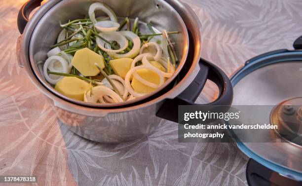 potato, onion and leek in pressure cooker - pressure cooker stock-fotos und bilder