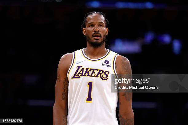 Trevor Ariza of the Los Angeles Lakers looks on against the New Orleans Pelicansduring the first half at Crypto.com Arena on February 27, 2022 in Los...
