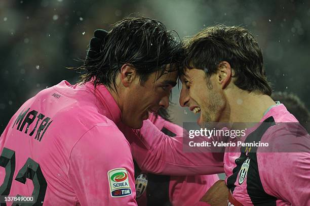 Alessandro Matri of Juventus FC celebrates his second goal with Claudio Marchisio during the Serie A match between Juventus FC and Udinese Calcio at...