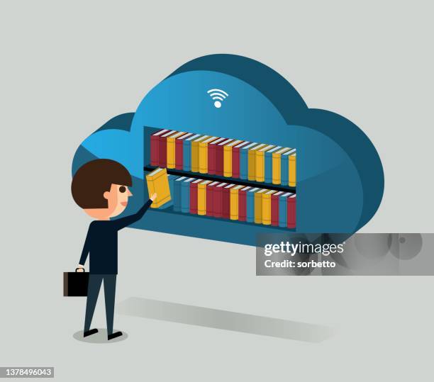 cloud computing and stack of books - businessman - man reading tablet stock illustrations