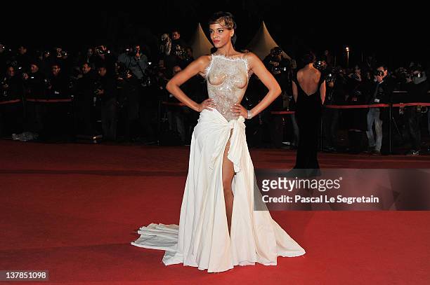 Shy'm poses as she arrives at NRJ Music Awards 2012 at Palais des Festivals on January 28, 2012 in Cannes, France.