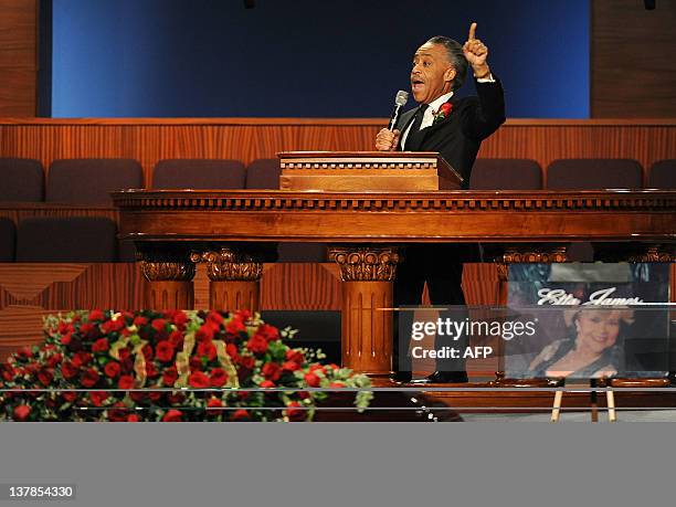 Reverend Al Sharpton speaks at Etta James' funeral, 2012 in Gardena, California, on January 28, 2012. AFP PHOTO/VALERIE MACON