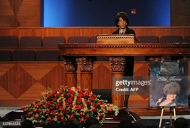 Congresswoman Maxime Waters speaks at Etta James' funeral, 2012 in Gardena, California, on January 28, 2012.. AFP PHOTO/VALERIE MACON