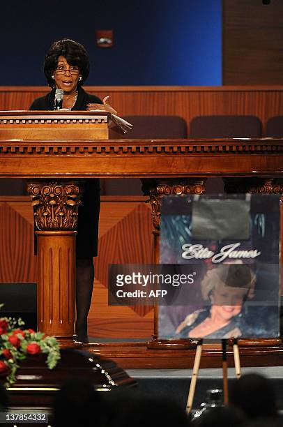 Congresswoman Maxime Waters speaks at Etta James' funeral, 2012 in Gardena, California, on January 28, 2012.. AFP PHOTO/VALERIE MACON