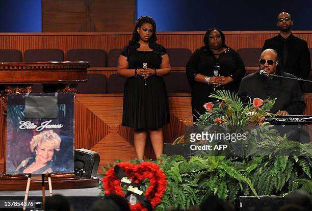 Singer Stevie Wonder performs at the Etta James' funeral, 2012 in Gardena, California, on January 28, 2012. AFP PHOTO/VALERIE MACON