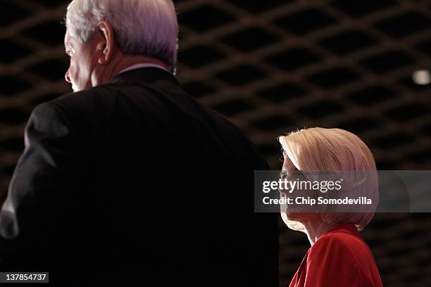 Republican presidential candidate, former Speaker of the House Newt Gingrich speaks during the Orange County Lincoln Day Dinner with his wife...