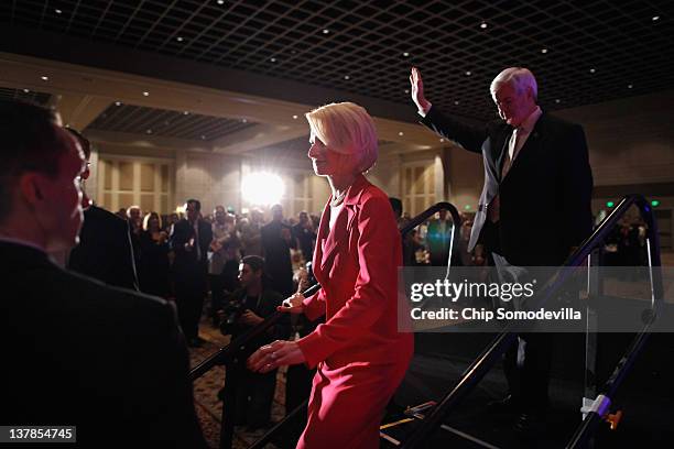 Republican presidential candidate, former Speaker of the House Newt Gingrich waves after addressing the Orange County Lincoln Day Dinner with his...