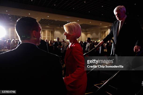 Republican presidential candidate, former Speaker of the House Newt Gingrich leaves the stage after addressing the Orange County Lincoln Day Dinner...