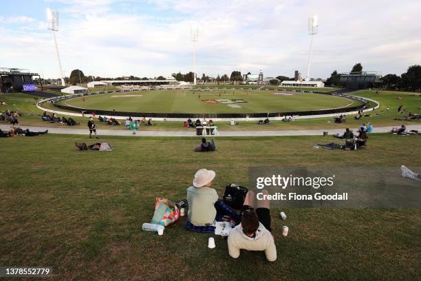 View of the ground during the 2022 ICC Women's Cricket World Cup match between New Zealand and the West Indies at Bay Oval on March 04, 2022 in...