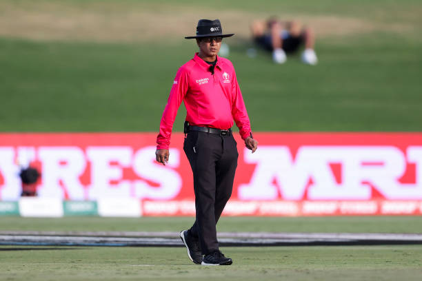Umpire Sharfuddoula Ibne Shahid Saikat of Bangladesh looks on during the 2022 ICC Women's Cricket World Cup match between New Zealand and the West...