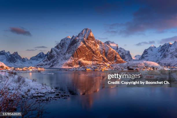 a great sunrise scenic with reine mountain, lofoten islands. - stock photo - fjord stock pictures, royalty-free photos & images