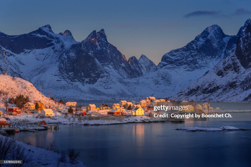 A perfect sunrise scenic at Hamnoy, Lofoten Islands. - stock photo