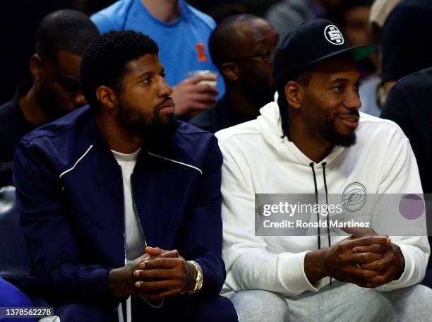 Paul George and Kawhi Leonard of the LA Clippers in the third quarter at Crypto.com Arena on March 03, 2022 in Los Angeles, California. NOTE TO USER:...