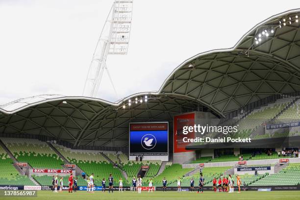 Players and officials during the round 14 A-League Women's match between Melbourne Victory and Canberra United at AAMI Park, on March 04 in...