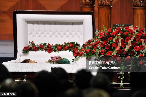 Etta James casket is opened for a last viewing before burial in the City Of Refuge Church on January 28, 2012 in Gardena, California.