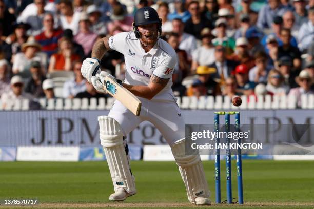 England's captain Ben Stokes plays a shot on day four of the second Ashes cricket Test match between England and Australia at Lord's cricket ground...