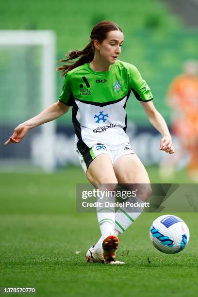 Mikayla Vidmar of Canberra United passes the ball during the round 14 A-League Women's match between Melbourne Victory and Canberra United at AAMI...