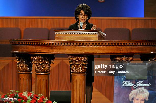 Congresswoman Maxine Waters speaks at the funeral of singer Etta James in the City Of Refuge Church on January 28, 2012 in Gardena, California.