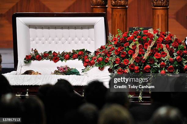 Etta James casket is opened for a last viewing before burial in the City Of Refuge Church on January 28, 2012 in Gardena, California.