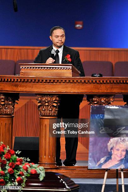 Dante James speaks at the funeral of his mother Etta James in the City Of Refuge Church on January 28, 2012 in Gardena, California.