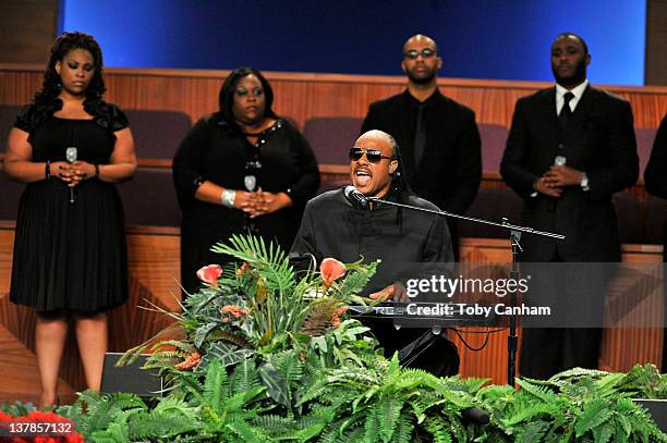 Stevie Wonder performs at the funeral of singer Etta James in the City Of Refuge Church on January 28, 2012 in Gardena, California.