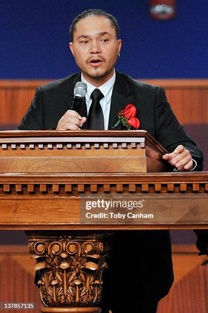 Dante James speaks at the funeral of his mother Etta James in the City Of Refuge Church on January 28, 2012 in Gardena, California.