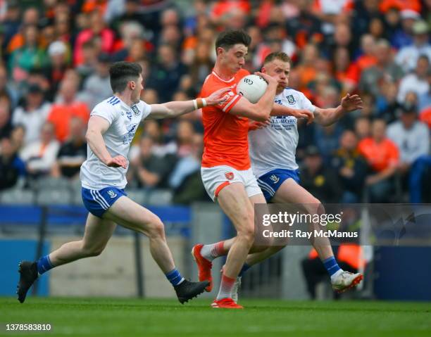 Dublin , Ireland - 1 July 2023; Ben Crealey of Armagh in action against Ryan McAnespie and Jason Duffy of Armagh, left, during the GAA Football...