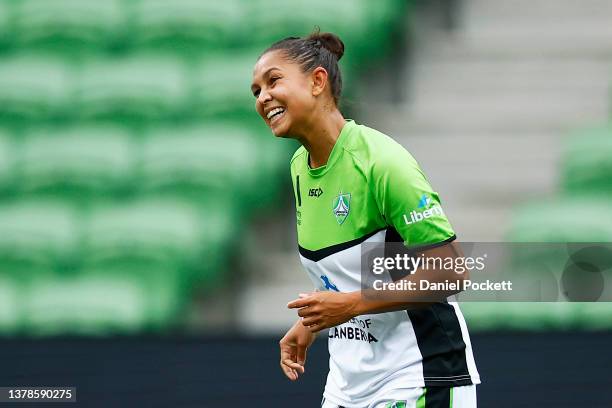 Allira Toby of Canberra United reacts after missing a shot on goal during the round 14 A-League Women's match between Melbourne Victory and Canberra...