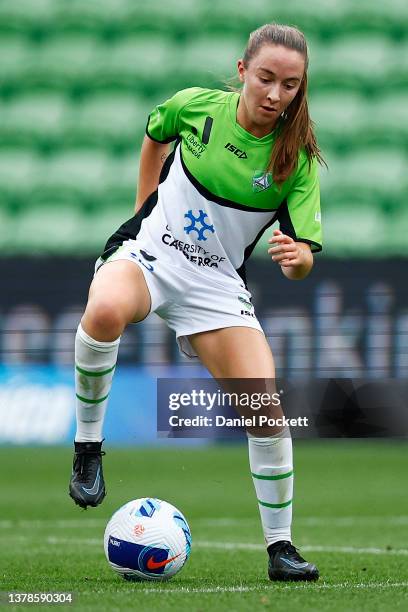 Laura Hughes of Canberra United in action during the round 14 A-League Women's match between Melbourne Victory and Canberra United at AAMI Park, on...